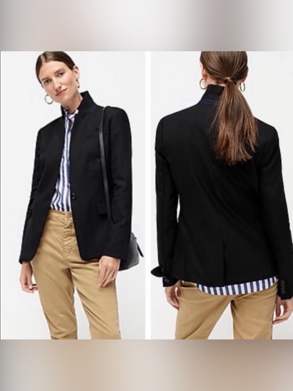 J. Crew Tall Regent Blazer in Wool Flannel in Black with Navy Wool Neckline.